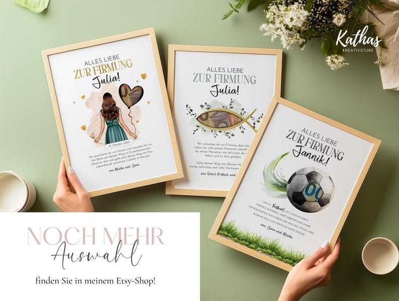 May include: Three framed art prints with personalized text and illustrations. One features a girl with a heart balloon, another a fish, and the third a soccer ball. The frames have a light wood finish. The text includes the words "Alles Liebe Zur Firmung" and names.