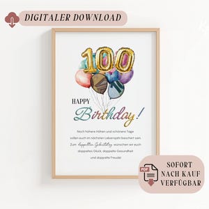 Könnte beinhalten: Ein gerahmter Druck mit einem Aquarelldesign. Das Kunstwerk zeigt eine Ansammlung von Luftballons, darunter ein goldfarbener Folienballon in Form der Zahl 100. Die Worte "Happy Birthday" sind in eleganter Schrift geschrieben. Zusätzlicher Text ist vorhanden.