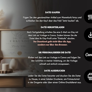 May include: A framed certificate with the text "Urkunde" and the name "Moritz Wiber" printed on it. The certificate is on a wooden table. The image includes instructions for purchasing, downloading, personalizing, and printing the certificate.