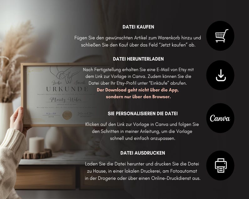 May include: A framed certificate with the text "Urkunde" and the name "Moritz Wiber" printed on it. The certificate is on a wooden table. The image includes instructions for purchasing, downloading, personalizing, and printing the certificate.