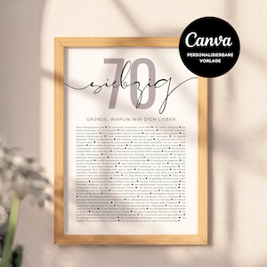 Puede incluir: Un póster imprimible con un fondo gris claro y el número 70 en una fuente más grande con la palabra "siebzig" escrita en cursiva debajo. El póster tiene el texto "Gründe, warum wir dich lieben" en texto negro y una lista de razones en una fuente más pequeña.