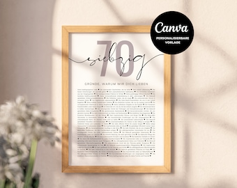 70th Birthday Gift "70 Reasons Why We Love You", Digital Download