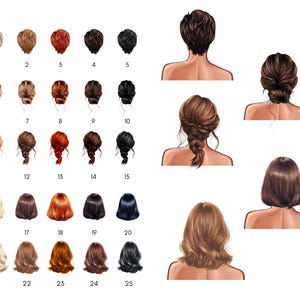 May include: Illustration of various hairstyles, numbered 1 through 25. The image showcases a range of hair colors and styles, including buns, braids, and loose waves. The styles are depicted from the back, offering a view of the hair's texture and form.