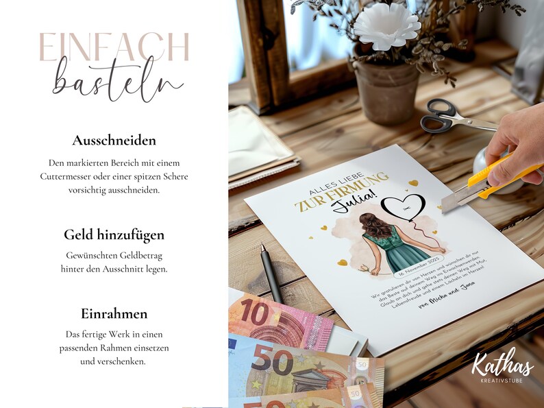 May include: A printed card with the text "Alles Liebe Zur Firmung Julia!" is being cut with a yellow utility knife. The card features an illustration of a person in a green dress holding a heart-shaped balloon. Euro banknotes are visible.