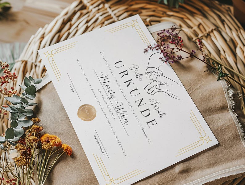 May include: A white certificate with gold accents and a black border. The certificate reads "Liebe Sarah URKUNDE" and "hiermit &uuml;berreichen wir dir feierlich die Patenurkunde f&uuml;r Moritz Weber geboren am 01.02.2024 Wir sind uns sicher, dass du eine wundervolle Patin werden wirst. DATUM UNTERSCHRIFT".