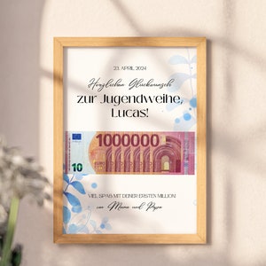 Geldgeschenk Jugendweihe in blau, Deine erste Million, personalisierte PDF Vorlage zum Ausdrucken