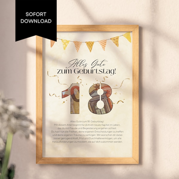 Money gift for 18th birthday, original money gift idea for 18th birthday - template to print out, last minute gift