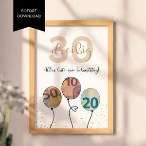 Cash gift for 30th birthday - Print it yourself & available last minute. Original idea for cash gifts, available immediately