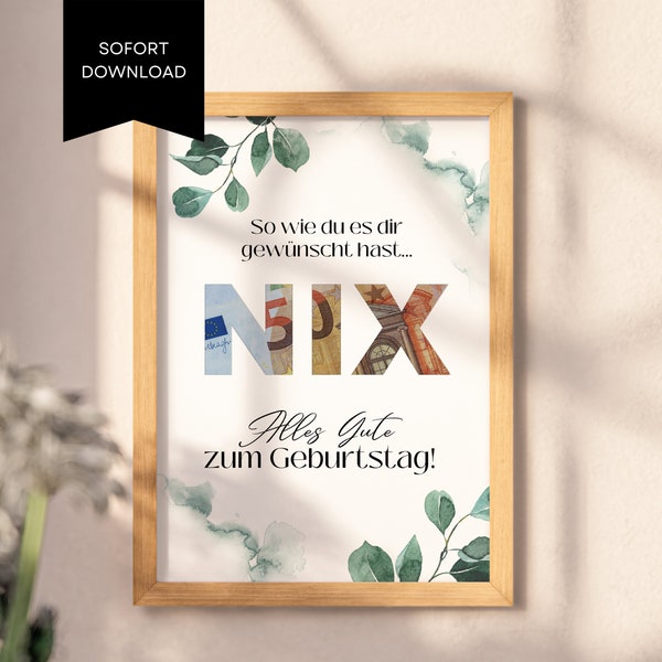 Money gift "NIX", PDF template to print out, birthday present, gift idea