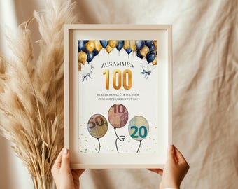 Geldcadeau voor een dubbele verjaardag - 50 + 50 = 100 verjaardag, digitale download