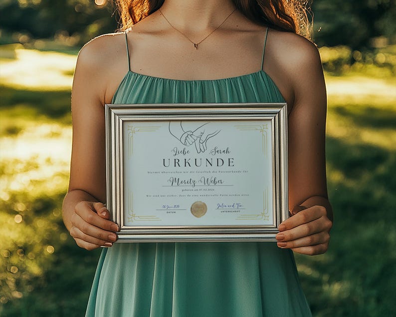 May include: A silver framed certificate with a gold border and a white background. The certificate reads "Liebe Sarah URKUNDE" and "Mandy + Niklas".