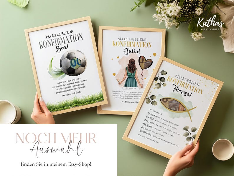 Weitere Geldgeschenke und Geschenkvorlagen zur Konfirmation aus meinem Etsy Shop, verschiedene Designs für Jungen und Mädchen als digitale Downloads