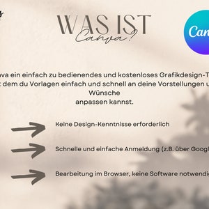 May include: A graphic design tool called Canva is shown with the text "WAS IST Canva?" and a description of the tool's features. The features include: no design knowledge required, quick and easy registration, and editing in the browser without needing software.
