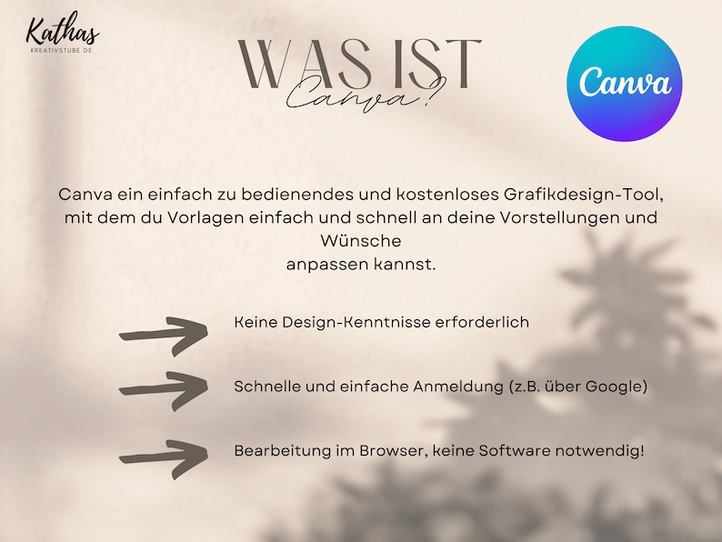 May include: A graphic design tool called Canva is shown with the text "WAS IST Canva?" and a description of the tool's features. The features include: no design knowledge required, quick and easy registration, and editing in the browser without needing software.
