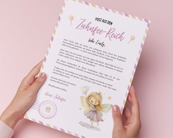 Carta personalizada del Hada de los Dientes para autoimprimir - Regalo del Hada de los Dientes para niños que incluye carta y calendario de dientes en color rosa