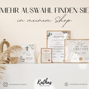 May include: A collection of printable certificates and artwork featuring floral designs and gold accents. The certificates include text in German, such as "Trauzeugen" and "Urkunde".