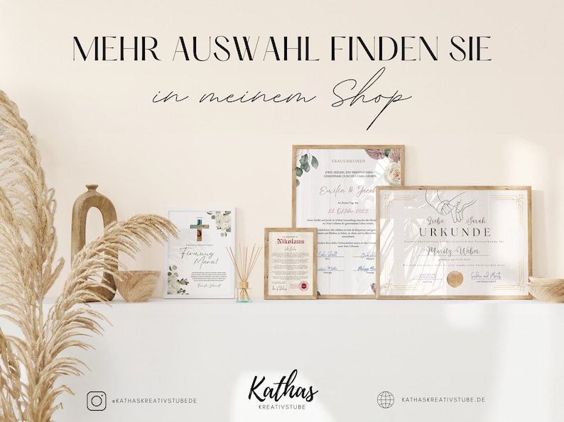 May include: A collection of printable certificates and artwork featuring floral designs and gold accents. The certificates include text in German, such as "Trauzeugen" and "Urkunde".