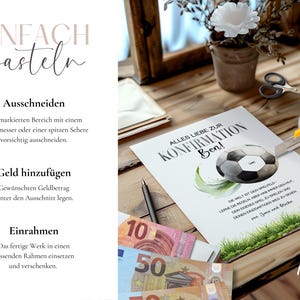 Bastelanleitung für Geldgeschenk zur Jugendweihe, Schritt für Schritt Anleitung: Ball ausschneiden, Geldscheine einlegen, einrahmen und verschenken