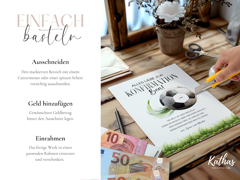 Bastelanleitung für Geldgeschenk zur Jugendweihe, Schritt für Schritt Anleitung: Ball ausschneiden, Geldscheine einlegen, einrahmen und verschenken