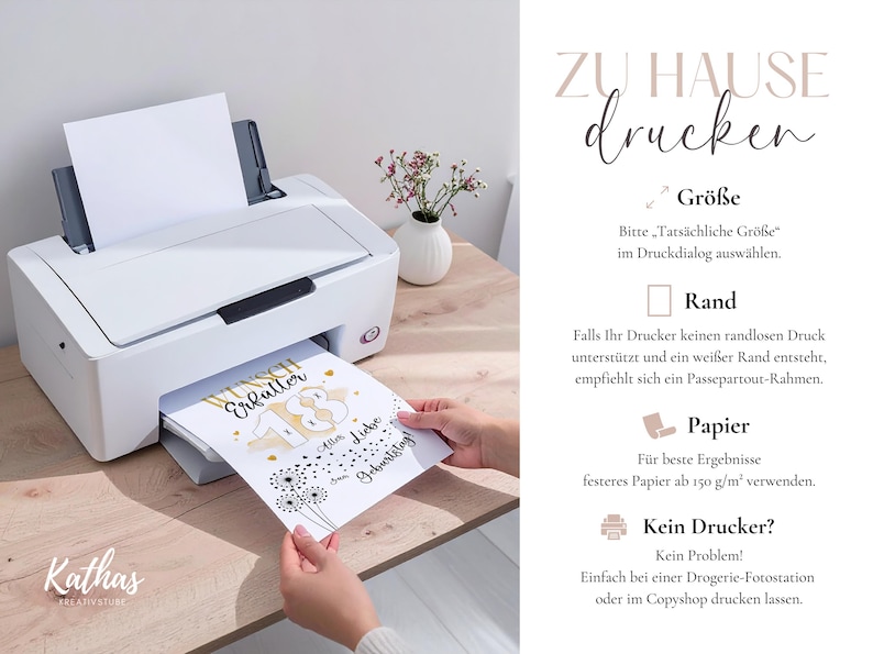 May include: A white printer is shown printing a birthday card with the text "Wunsch Erf&uuml;lter 18 Alles Liebe Geburtstag". The card has a gold and black design with dandelion illustrations. The image also includes text about printing at home.