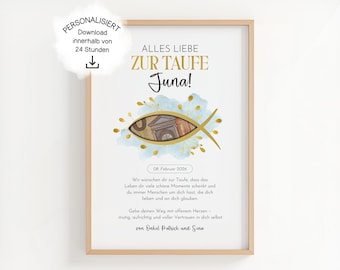 May include: A framed print with the text "ALLES LIEBE ZUR TAUFE Juna!" in gold lettering. The image features a gold fish design with a watercolor background and the date "08. Februar 2026". The print is personalized and available for download within 24 hours.