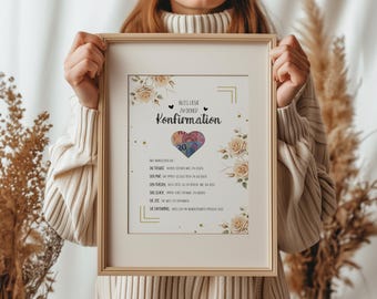 Könnte beinhalten: Eine weiße Karte mit goldenem Rahmen und floralem Design. Die Karte trägt den Text "Alles Liebe zur deiner Konfirmation" und ein Herz mit Geld darin. Die Karte enthält eine Liste von Wünschen für den Empfänger.