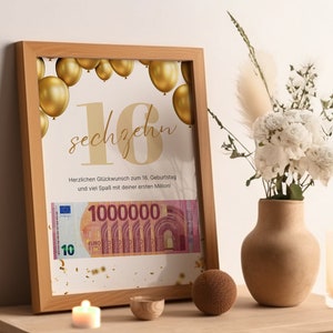 Geldgeschenk zum 16. Geburtstag - Zum Ausdrucken & Last Minute erhältlich. Originelle Idee für Geldgeschenke, sofort verfügbar