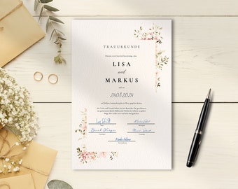 Romantische Hochzeitsurkunde Vorlage mit Blumen - Personalisierbar für freie Trauungen, digitaler Download