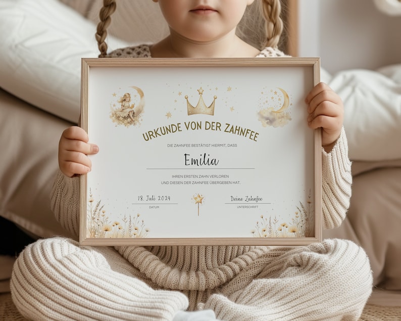 Puede incluir: Un certificado enmarcado con una corona dorada y estrellas, anunciando que Emilia ha perdido su primer diente. El certificado est&aacute; decorado con una ilustraci&oacute;n de acuarela de un hada y flores.