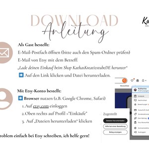 May include: A downloadable guide with instructions on how to download a purchase from Etsy. The text includes steps for guest and Etsy account users, with screenshots and the shop's logo.