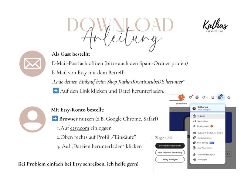 May include: A downloadable guide with instructions on how to download a purchase from Etsy. The text includes steps for guest and Etsy account users, with screenshots and the shop's logo.