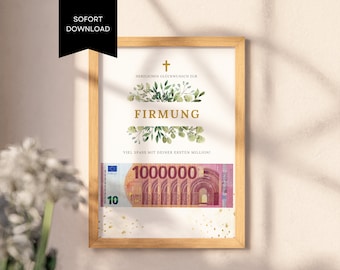 May include: A framed print with a white background and gold accents. The print features a cross, green floral designs, and the word "FIRMUNG". The text "VIEL SPASS MIT DEINER ERSTEN MILLIONI" is below the floral design. A 10 euro bill is displayed below the text.