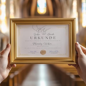 May include: A gold-framed certificate with a white background and black text. The certificate reads "Liebe Urkunde" and is for "Moritz & Weber".