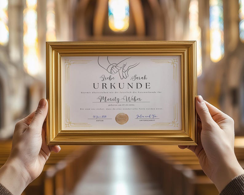May include: A gold-framed certificate with a white background and black text. The certificate reads "Liebe Urkunde" and is for "Moritz & Weber".