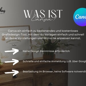 Puede incluir: Se muestra una herramienta de dise&ntilde;o gr&aacute;fico llamada Canva con una descripci&oacute;n de sus funciones. El texto dice: "Canva ein einfach zu bedienendes und kostenloses Grafikdesign-Tool, mit dem du Vorlagen einfach und schnell an deine Vorstellungen und W&uuml;nsche anpassen kannst. Keine Design-Kenntnisse erforderlich. Schnelle und einfache Anmeldung (z.B. &uuml;ber Google). Bearbeitung im Browser, keine Software notwendig!"