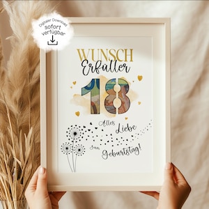May include: A framed print with the words "Wunsch Erf&uuml;ller 18" in gold and black, with the text "Alles Liebe zum Geburtstag!" below. The print features a colorful "18" design and dandelion illustrations.