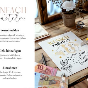 May include: A white card with gold lettering and the number 18, being cut with a yellow utility knife. The card says "Wunsch Erf&uuml;ller" and "Alles Liebe zum Geburtstag!" with euro banknotes in the foreground. The image is on a wooden surface.