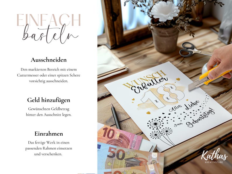 May include: A white card with gold lettering and the number 18, being cut with a yellow utility knife. The card says "Wunsch Erf&uuml;ller" and "Alles Liebe zum Geburtstag!" with euro banknotes in the foreground. The image is on a wooden surface.