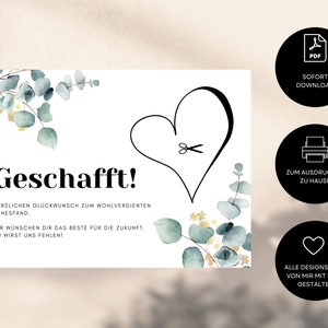 May include: A printable card with a green and gold watercolor floral design. The card says "Geschafft!" which is German for "Congratulations!" The card also includes the text "Herzlichen Gl&uuml;ckwunsch zum wohlverdienten Ruhestand. Wir w&uuml;nschen dir das Beste f&uuml;r die Zukunft. Du wirst uns fehlen!" which translates to "Congratulations on your well-deserved retirement. We wish you all the best for the future. You will be missed!"
