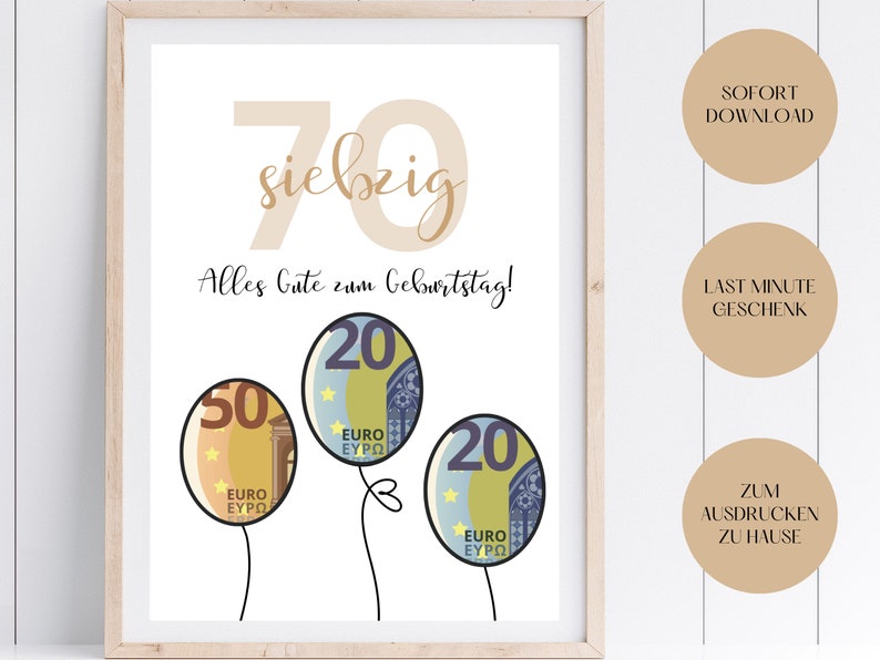Geldgeschenk zum 70. Geburtstag Zum Ausdrucken & Last Minute Etsy.de