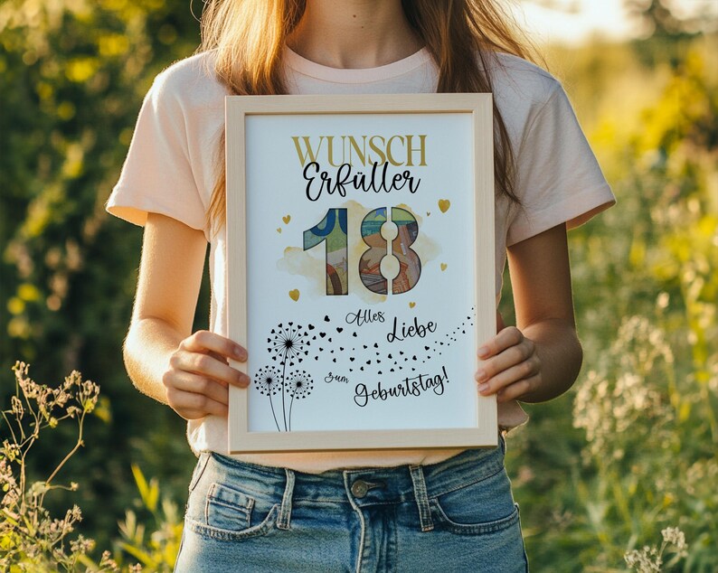 May include: A framed print with the text "Wunsch Erf&uuml;ller 18 Alles Liebe zum Geburtstag!" in gold and black. The print features a colorful "18" design, hearts, and dandelion illustrations. The frame is light-coloured.