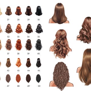 May include: A collection of illustrations showcasing various hairstyles and hair colors. The image features a range of styles, from straight to curly, and colors, including blonde, brown, red, and black. Each style is numbered for easy selection.