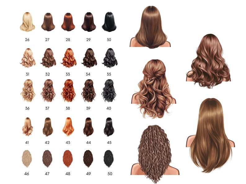May include: A collection of illustrations showcasing various hairstyles and hair colors. The image features a range of styles, from straight to curly, and colors, including blonde, brown, red, and black. Each style is numbered for easy selection.