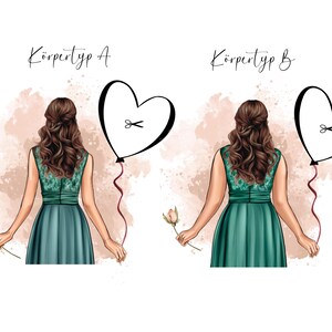 May include: Illustration of two women in teal dresses, holding flowers, with heart-shaped balloons. The balloons have scissors on them. The text "K&ouml;rpertyp A" and "K&ouml;rpertyp B" are above the women.