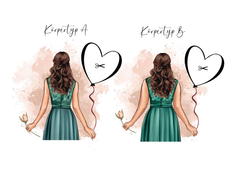 May include: Illustration of two women in teal dresses, holding flowers, with heart-shaped balloons. The balloons have scissors on them. The text "K&ouml;rpertyp A" and "K&ouml;rpertyp B" are above the women.