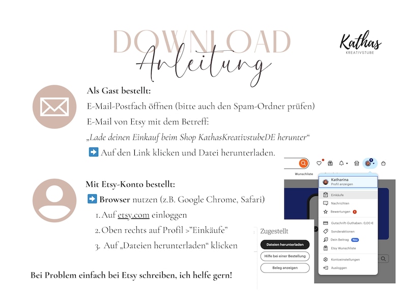 May include: A downloadable guide with instructions on how to download a purchase from Etsy. The text includes steps for guest and Etsy account users, with screenshots and the shop's logo.
