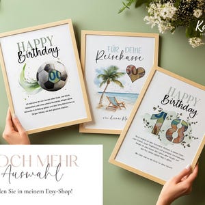May include: Three framed prints with birthday themes. One shows a football, another a beach scene with a palm tree, and the third displays the number 18. Each print has a light wood frame and decorative text.