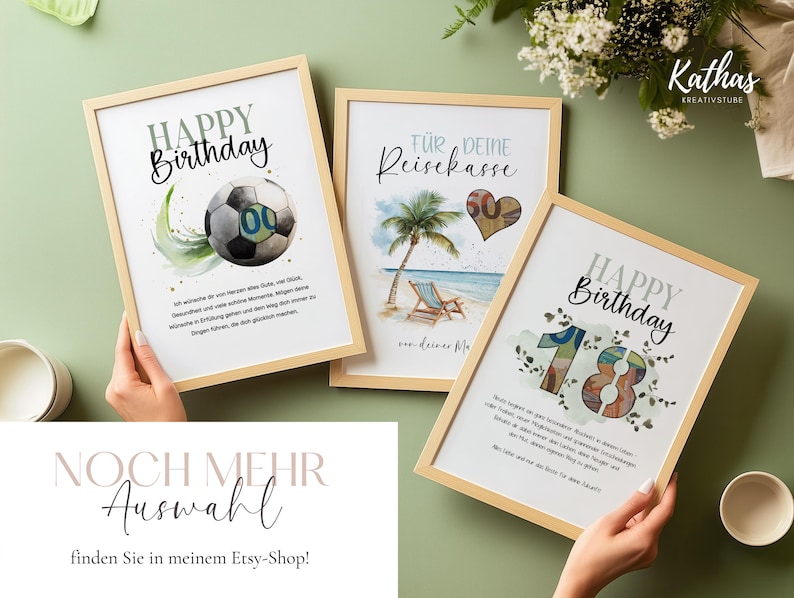 May include: Three framed prints with birthday themes. One shows a football, another a beach scene with a palm tree, and the third displays the number 18. Each print has a light wood frame and decorative text.