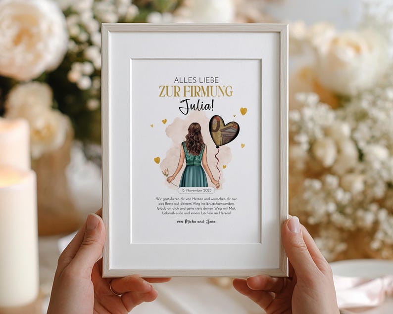 May include: A framed print with the text "ALLES LIEBE ZUR FIRMUNG Julia!" in gold lettering. The illustration features a woman in a teal dress holding a heart-shaped balloon. The print includes the date "16. November 2023" and a short message.