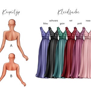 May include: Illustration of six long, V-neck dresses in various colors: blue, black, teal, burgundy, pink, and rose. The dresses have lace detailing on the bodice. The image also includes two body type illustrations and the German words "K&ouml;rpertyp" and "Kleidfarbe".